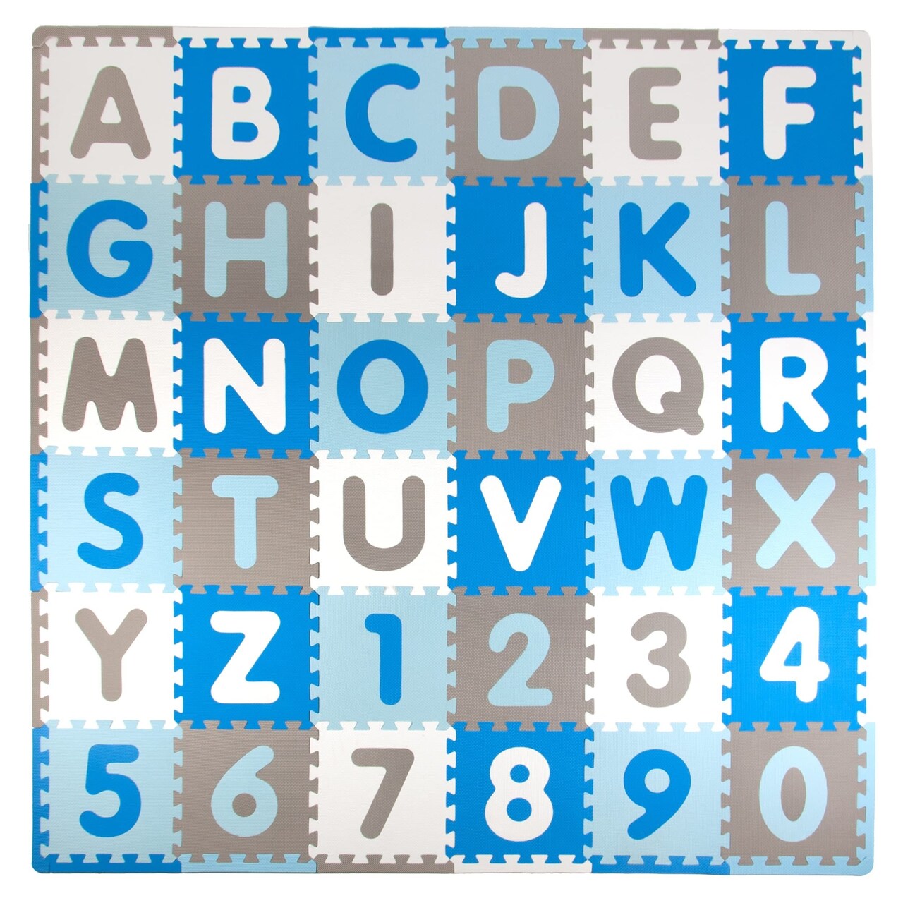 Tadpoles 36 Tiles ABC Foam Playmat | Interlocking Tiles with 24 Border Pieces | Soft EVA Foam & Lead Free | Durable & Long-lasting | Total Floor Coverage 74” x 74” | Kids Aged 3 and Up | Blue and Grey